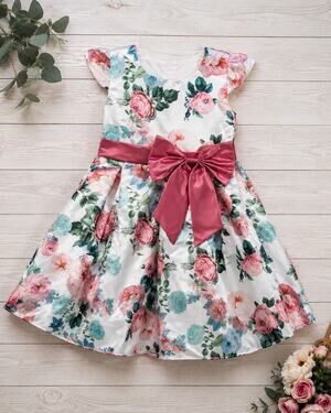 Girls Floral Satin Flower Girl Dress Size 130 (5-6) White Pink Bow Formal Party